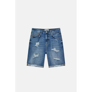 Shorts de Mezclilla de Algodón Azul de Cintura Alta para Hombre con Cierre de Cremallera, Estilo Bermuda, Técnica de Lavado con Patrón, Pantalones Holgados - Product Image 5