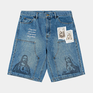 Pantalones Cortos Bermuda Vaqueros Vintage para Hombre con Estampados Religiosos y Parches, Cintura Alta, Cierre de Botones, Estilo Lona 100% Algodón - Product Image 1