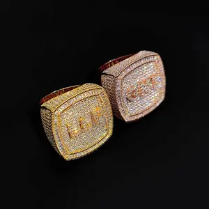 Bague de champion carrée personnalisée en laiton plaqué or et argent, sertie de zircon et de moissanite par pavé et griffes, style hip-hop, pour récompense sportive, bijoux - Product Image 2