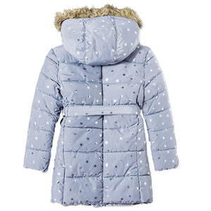 Girls Quilted Puffer Jacket <b>Coat</b> Star Print Faux Fur Hood Belted Long Winter Jacket Kids Wholesale - Product Image 2
