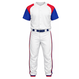 Premium <b>White</b> Raglan Baseball Uniform Set Custom Red & <b>Blue</b> Contrast Sleeve Jersey with Matching Side-<b>Stripe</b> Performance Pant - Product Image 2