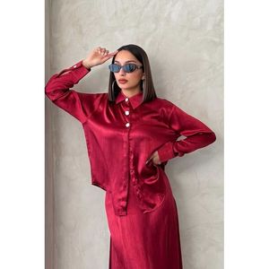 TOPSHOW Women's Elegant <b>Red</b> Crushed Satin <b>Blouse</b>, 100% Polyester Solid Color Full Sleeve Shirt for Wholesale - Product Image 5