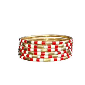 Juego de brazaletes de latón con incrustaciones de esmalte a rayas rojas y blancas, pulseras apilables delgadas hechas a mano con diseño de rayas de caramelo, brazalete metálico étnico. - Product Image 3