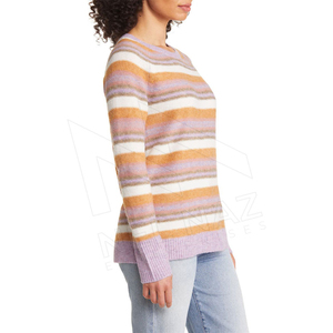 2024 personalizado OEM mujeres Jacquard suéter de manga larga de punto a rayas mujeres pulóver de punto con cuello en V suéter de las mujeres - Product Image 4