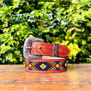 Ceinture décontractée unisexe exceptionnelle en cuir pleine fleur véritable, 1,5 pouce, classique, distinctif, style western, ornée de fleurs et de perles, multicolore - Product Image 1