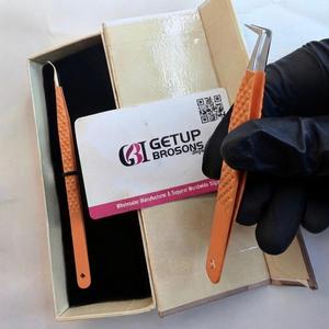 Ensemble de pinces professionnelles pour extensions de cils orange, en acier inoxydable, antistatiques, pointe lisse, 10 mm, poignée à grille diamantée de précision - Product Image 2