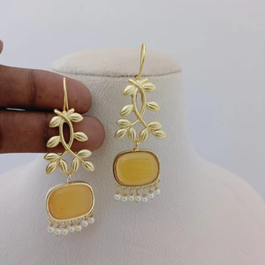ต่างหูห้อยรูปใบไม้สีทองและสีโรสควอทซ์ออกแบบได้ตามต้องการชุดหินรูปวงรีทำจากทองเหลืองต่างหูแฟชั่นแบบห้อย - Product Image 5