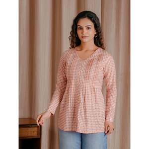 <b>Peach</b> Green Butti Cotton Short <b>Top</b> with Ruched Decoration - Product Image 1