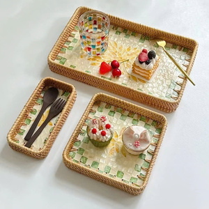 Bandeja con incrustaciones florales de perlas madre hechas a mano de fábrica de Vietnam, fregona rectangular de ratán, cestas de almacenamiento de conchas marinas para servir comida y bebida - Product Image 6