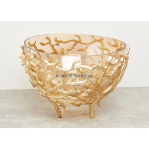 High Standard Quality Clear <b>Glass</b> Round Shape Fruits And Chocolates <b>Serving</b> <b>Bowl</b> With Gold Plated Metal Antique Designer Base - Product Image 5