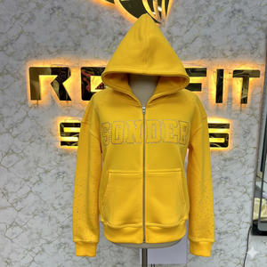 Tendencia Moda Tasa de fábrica Sudadera con cremallera amarilla Rhinestone Chaqueta con cremallera Acidwash Vintage Lavado Hombres Fleece Streetwear Sudadera con capucha - Product Image 1