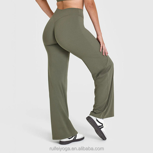 Mallas de entrenamiento acampanadas de cintura alta con logotipo personalizado OEM, pantalones de Yoga de pierna ancha rectos elásticos suaves para mujer para estilo informal de primavera - Product Image 4