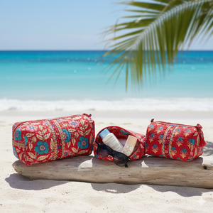 Pochette de voyage réversible matelassée en coton écologique avec fermeture éclair, motif floral, lot de 3 - Product Image 1