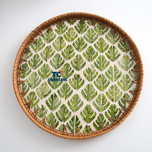 Plateaux en nacre incrustés à la main avec bord en rotin naturel pour salle à manger, café et décoration intérieure - Product Image 2