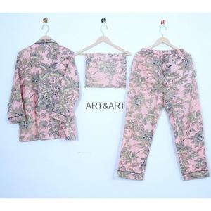 Conjunto de Pijama Informal y Sexy de Estilo Indio, Estampado a Mano, 100% Algodón Tejido con Diseño Floral, Transpirable, Tallas Grandes Disponibles - Product Image 4