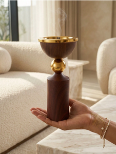 Brûleur à Bakhoor en bois de luxe avec bol en métal doré, brûleur à encens arabe, brûleur à Oud, porte-encens, décoration d'intérieur, brûleur à Oud arabe - Product Image 1
