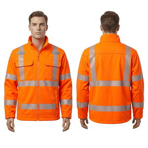 300 GSM Premium Canvas Hooded Security <b>Jacket</b> <b>Hi</b> <b>Vis</b> <b>Orange</b> Reflective Tape Panel Design Custom Front Logo Print - Product Image 1