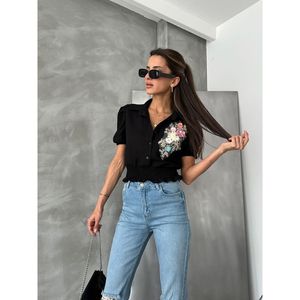 Chemise en lin noir Topshow avec détail floral sur la poitrine - Vente en gros - NOIR - Product Image 3