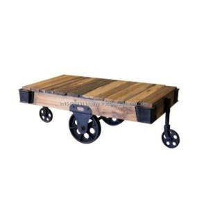 Vintage Industrial Coffee <b>Table</b> on Cart Jodhpur <b>Rustic</b> Coffee <b>Table</b> on Wheels Solid <b>Wood</b> Furniture Indian Living Room Furniture - Product Image 3