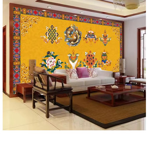 Productos personalizados 3D Golden Auspicious Eight Treasures Wallpaper Buda Hall Estatua de Buda Tangka Budismo Mural tibetano 3 <span class=keywords><strong>D</strong></span> - Product Image 3