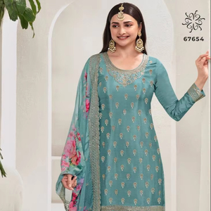 Traje Gharara de seda pesada festiva elegante para adultos con impresionante trabajo de secuencia Jari de bordado de varios hilos para fiestas - Product Image 1