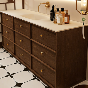 Mobile da Bagno in Legno con Lavabo Integrato in Pietra, Arredo Bagno Autoportante con Cassetti - Product Image 3