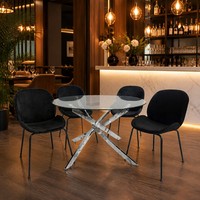 Table à manger ronde moderne de luxe en verre trempé avec pieds en métal chromé pour la maison, l'hôtel, le restaurant, 4 places
