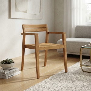 Sillón de Jardín de Madera de Teca Sólida con Asiento de Listones, Acabado Natural Minimalista, Silla Lateral para Patio Exterior, Diseño Artístico Decorativo - Product Image 4