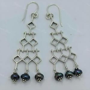 Handmade Sterling Silver <b>Grey</b> <b>Pearl</b> Dangle <b>Earrings</b>, Geometric Design - Product Image 2