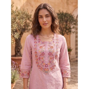 Kurta Saree Casual de Verano para Mujer, con Bordado Rosa, de Algodón, Estilo Étnico Indio Tradicional -MP-1887-E - Product Image 3