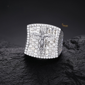925 Sterling <b>Silver</b> Moissanite Diamond Jesus <b>Cross</b> Ring Iced Out Baguette Setting Hip Hop Statement Jewelry for <b>Men</b> - Product Image 1