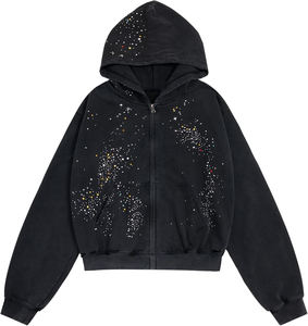 Sweat à capuche zippé court personnalisé pour homme 2025 avec strass – Coton 100 % délavé, imprimé sérigraphié, style streetwear décontracté - Product Image 1