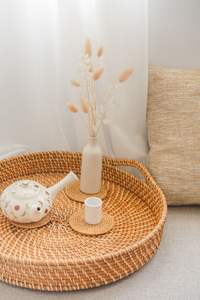 Plateau en rotin de bambou fait main plateau en rotin avec poignée tissé à la main rond haut mur plateaux de séparation des aliments multi-usages - Product Image 4