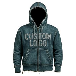 Personalizado Unisex Desgastado Vintage Lavado Cremallera Dobladillo deshilachado Streetwear Chaqueta con capucha rasgada de gran tamaño - Product Image 4