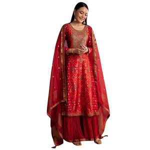 Patola đỏ và bandhani in kurta thiết lập với banarasi dupatta truyền thống Ấn Độ đám cưới và lễ hội bên mặc trang phục - Product Image 2