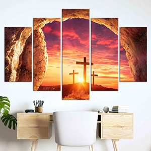 Tableau sur toile Croix Chrétienne : Décoration sur toile imprimée Paysage au lever du soleil, LOT DE 5 TOILES ASSORTIES - Product Image 1