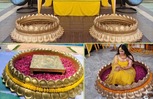Escenario para la Ceremonia Haldi del Sur de Asia con Decoración Tradicional, Accesorios Vintage Modernos de Fibra de Vidrio, para Rituales Indios al Aire Libre, Configuración para Haldi en EE. UU. - Product Image 6