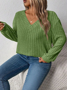 เสื้อสเวตเตอร์แบบสวมหัวคอวีสำหรับผู้หญิงเสื้อกันหนาวถักวาฟเฟิลวาฟเฟิลสีทึบกำหนดเอง - Product Image 3