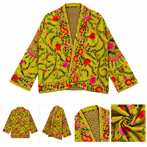 Recycled Short Kimono Phulkari Quilted Georgette Fabric 100% Cotton Eco-Friendly Women Festival <b>Wedding</b> Party Gift <b>Jacket</b> - Product Image 2