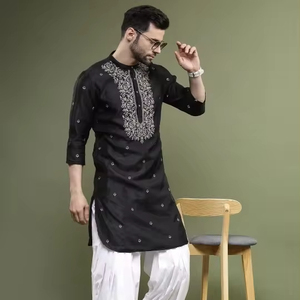 เสื้อคุร์ตาสไตล์วินเทจ Rajas Kurtis ปักมือ ผ้าโพลีเอสเตอร์ สำหรับฤดูร้อน คอปกแบบแบนด์ สำหรับผู้ชาย - Product Image 1