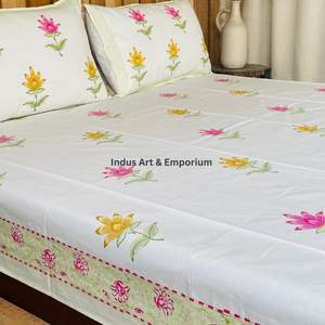 Indian Handcrafted Sanganeri Hand Block Printed Bedsheets <b>Bedding</b> Sets Bedsheet with Pillow Cover - Product Image 5