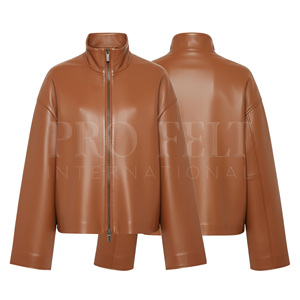 Veste en cuir véritable surdimensionnée à la mode et à la mode Logo personnalisé Col haut Manches larges Coupe courte Veste à fermeture éclair complète - Product Image 2
