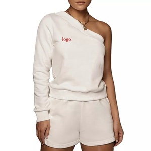 Chándal de un solo hombro para mujer, ropa de salón de algodón, sudadera, conjunto corto sexy, 2022 - Product Image 1