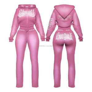 Conjunto de Sudadera y Pantalones Deportivos con Estampado de Apliques Personalizados, Lavado Ácido, con Cremallera, Pantalones Capri, Conjunto Deportivo Rosa - Product Image 5