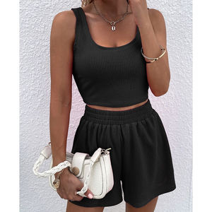 Top llegada Sexy Club Floral deportes Yoga sujetador y pantalones cortos conjuntos mujeres verano sólido conjuntos sin mangas Crop Top tejido conjunto de dos piezas - Product Image 4