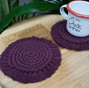 Eco Friendly Nordic style macrame coaster with gentle curves and soft cotton texture great for <b>mugs</b> or candle decor styling - Product Image 3