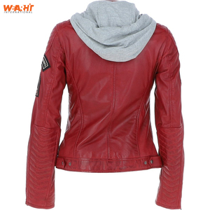 แจ็กเก็ตไบเกอร์สำหรับผู้หญิงหนังแท้สีแดงมีซิปปิดถอดออกได้เสื้อแจ็คเก็ตแฟชั่น - Product Image 4