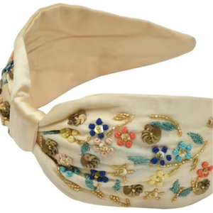 Ivory Suede Floral Headband Colorful Beads | Luxury Handmade Embellished Eco-Friendly Adjustable Hair Accessory for <b>Girls</b> Women - Product Image 1