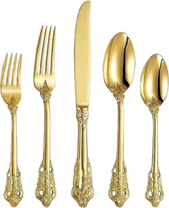 Juego de cubiertos de acero inoxidable de lujo al por mayor, chapado en oro con mango de diseño en relieve, hoteles, fiestas reales, cubiertos vintage - Product Image 1