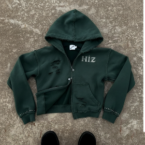 Sweat à capuche zippé personnalisé OEM, épais, déchiré, avec graphique en strass, effet vieilli, style streetwear - Product Image 6